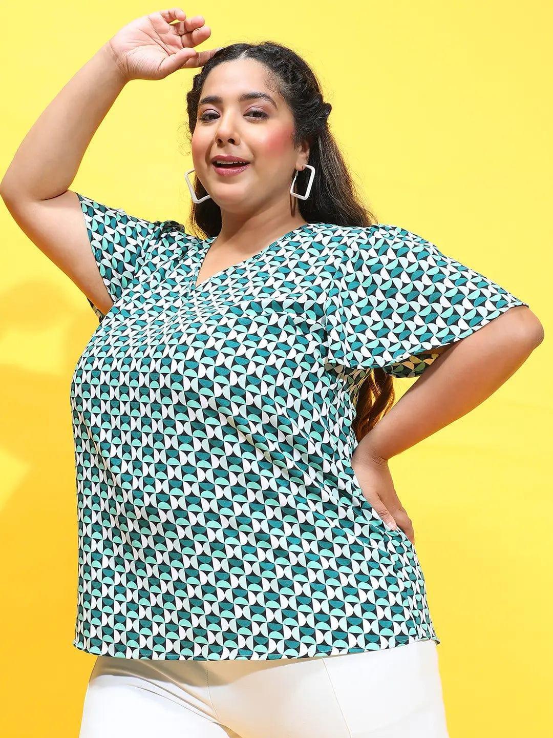 Multicolor Check Print Short Sleeve Plus Size Loopy Top - oxolloxo