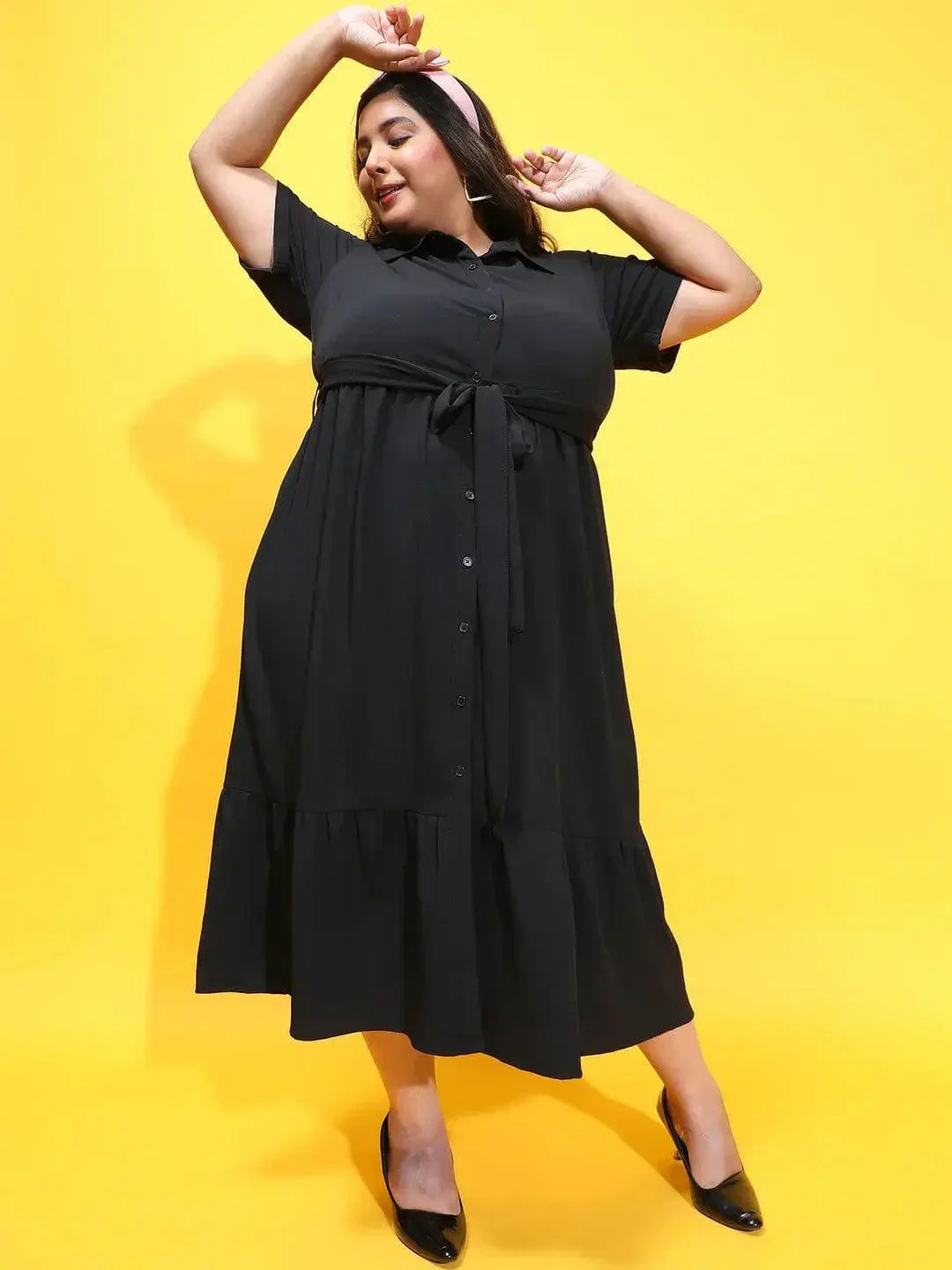 Coco Solid Black Button Down Plus Size Curvy Dress - oxolloxo