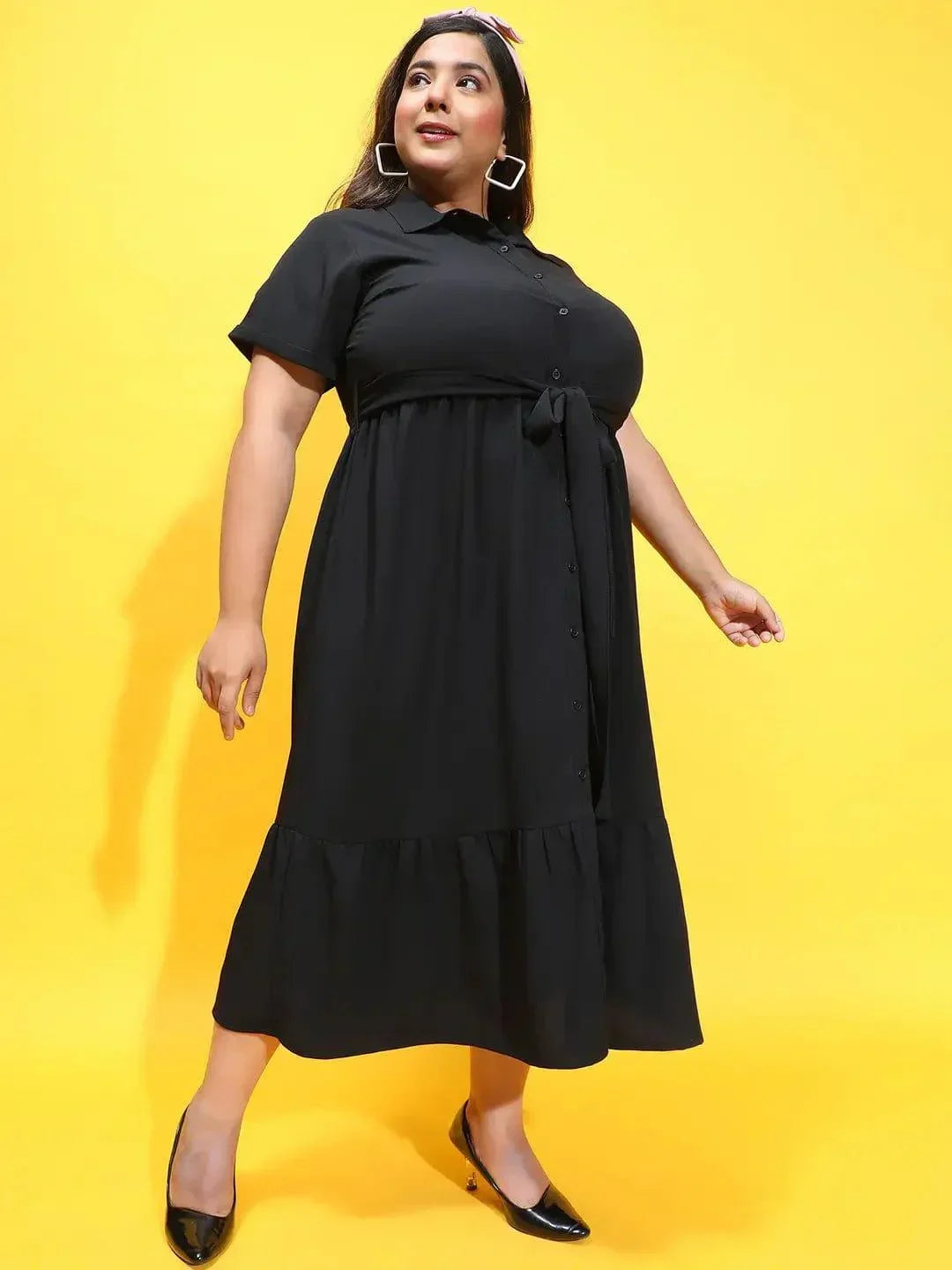 Coco Solid Black Button Down Plus Size Curvy Dress - oxolloxo