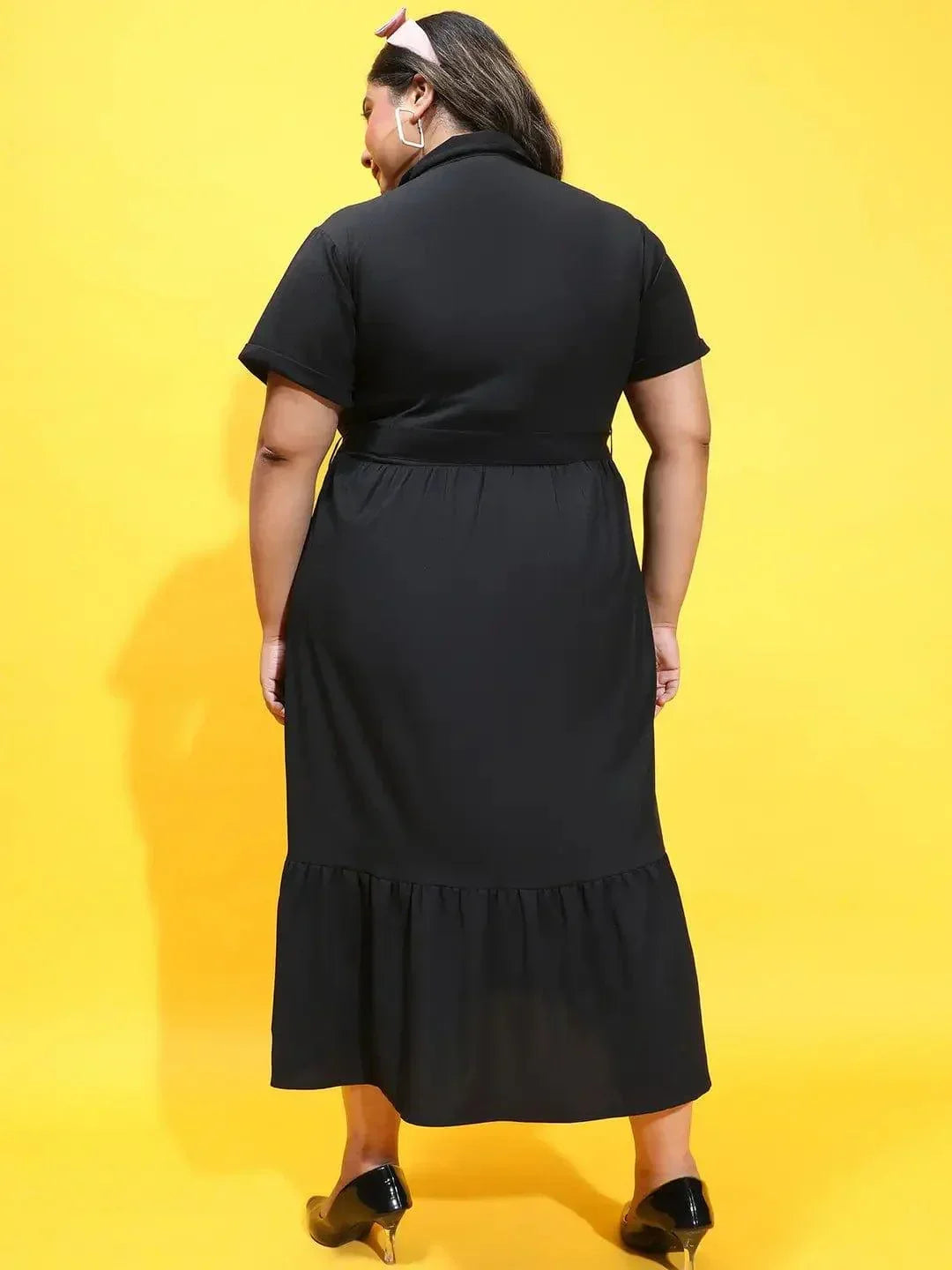 Coco Solid Black Button Down Plus Size Curvy Dress - oxolloxo