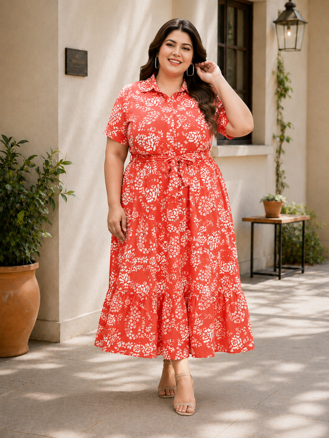Plus Size Rust Floral Print Viscose Dress