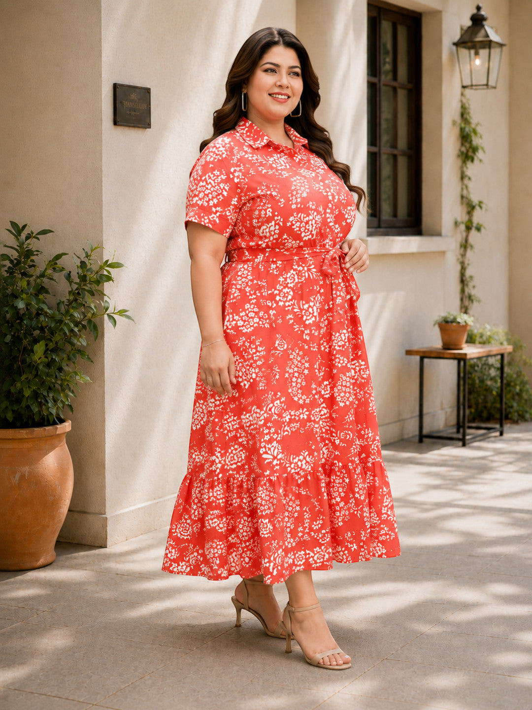 Red floral plus size midi dress with tie waist, perfect for summer fashion trends