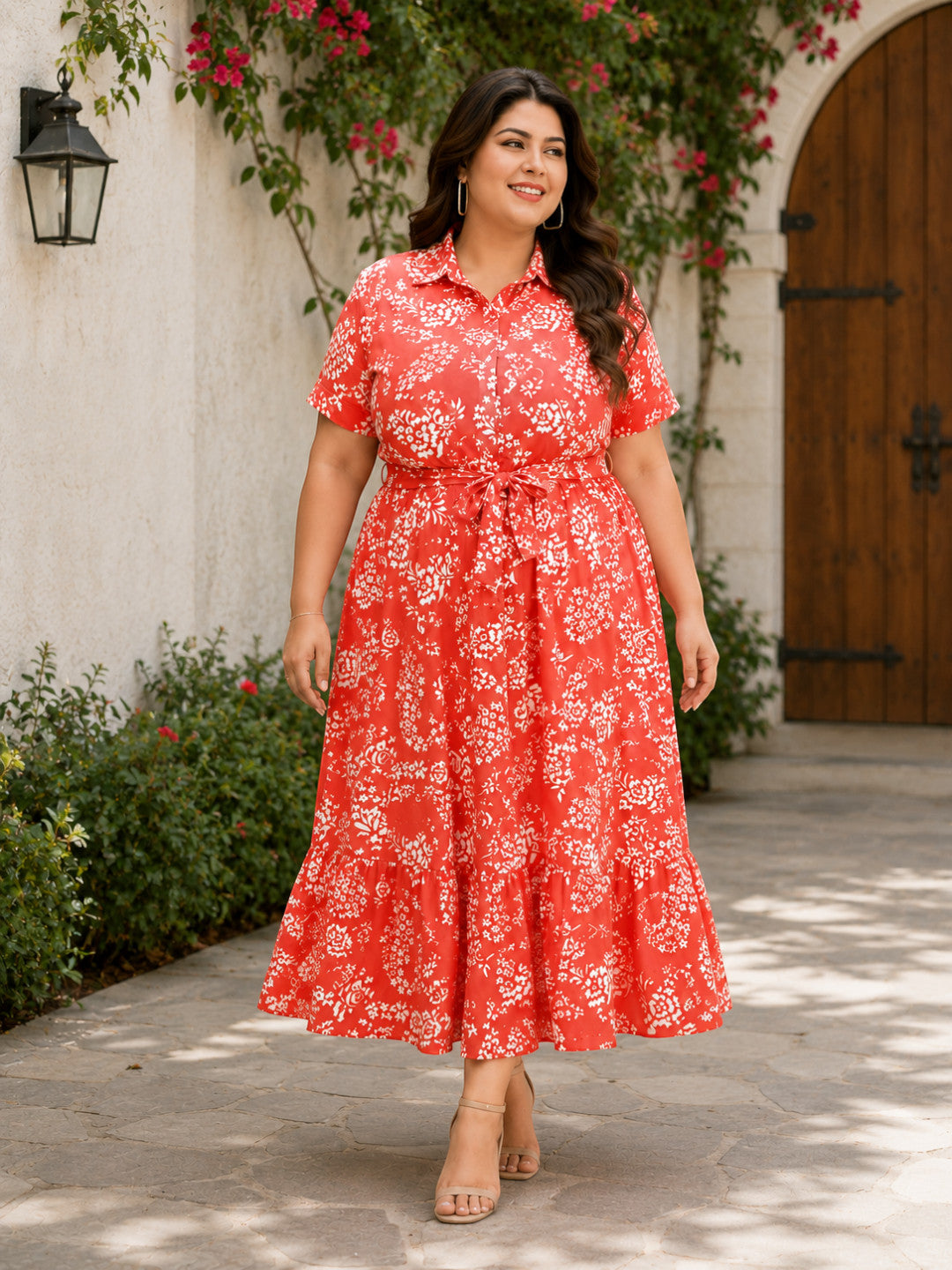 Red floral midi dress with tie waist, perfect for plus size women's summer fashion