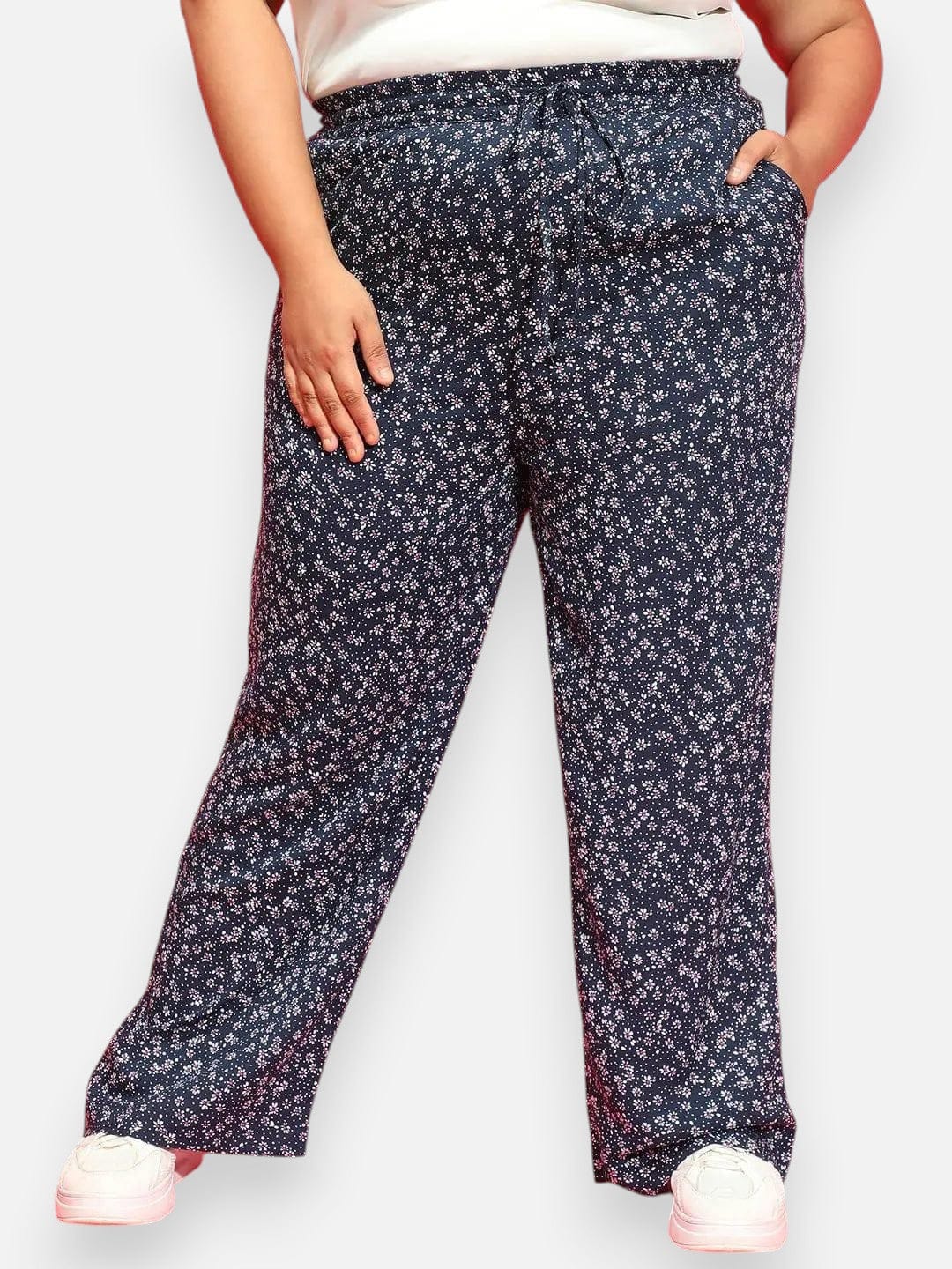Plus Size Navy Blue Floral Print Pant