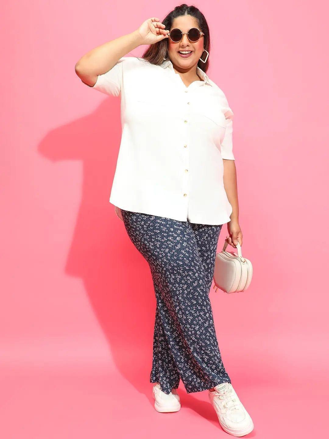 Navy Blue Floral Print Elasticated Waist Plus Size Pant - oxolloxo