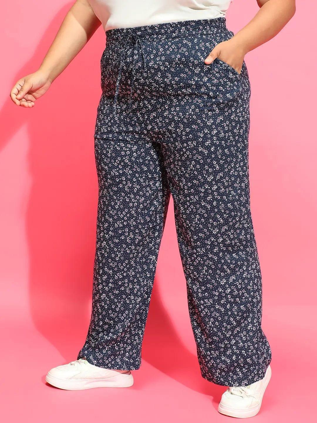 Navy Blue Floral Print Elasticated Waist Plus Size Pant - oxolloxo
