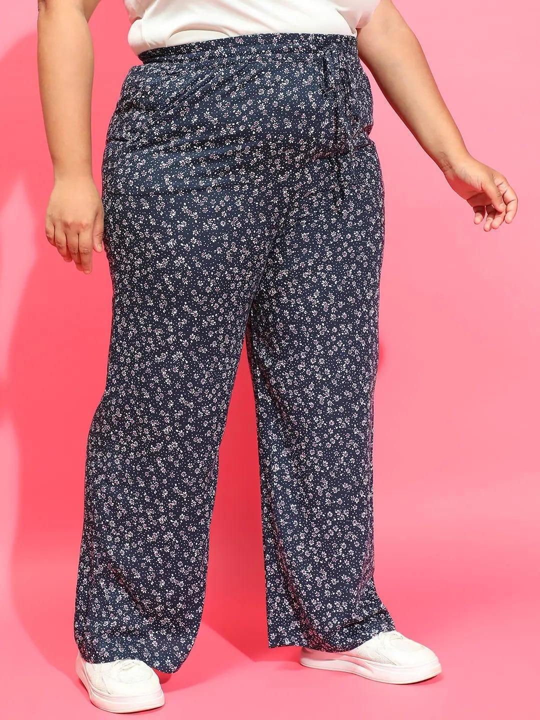 Navy Blue Floral Print Elasticated Waist Plus Size Pant - oxolloxo