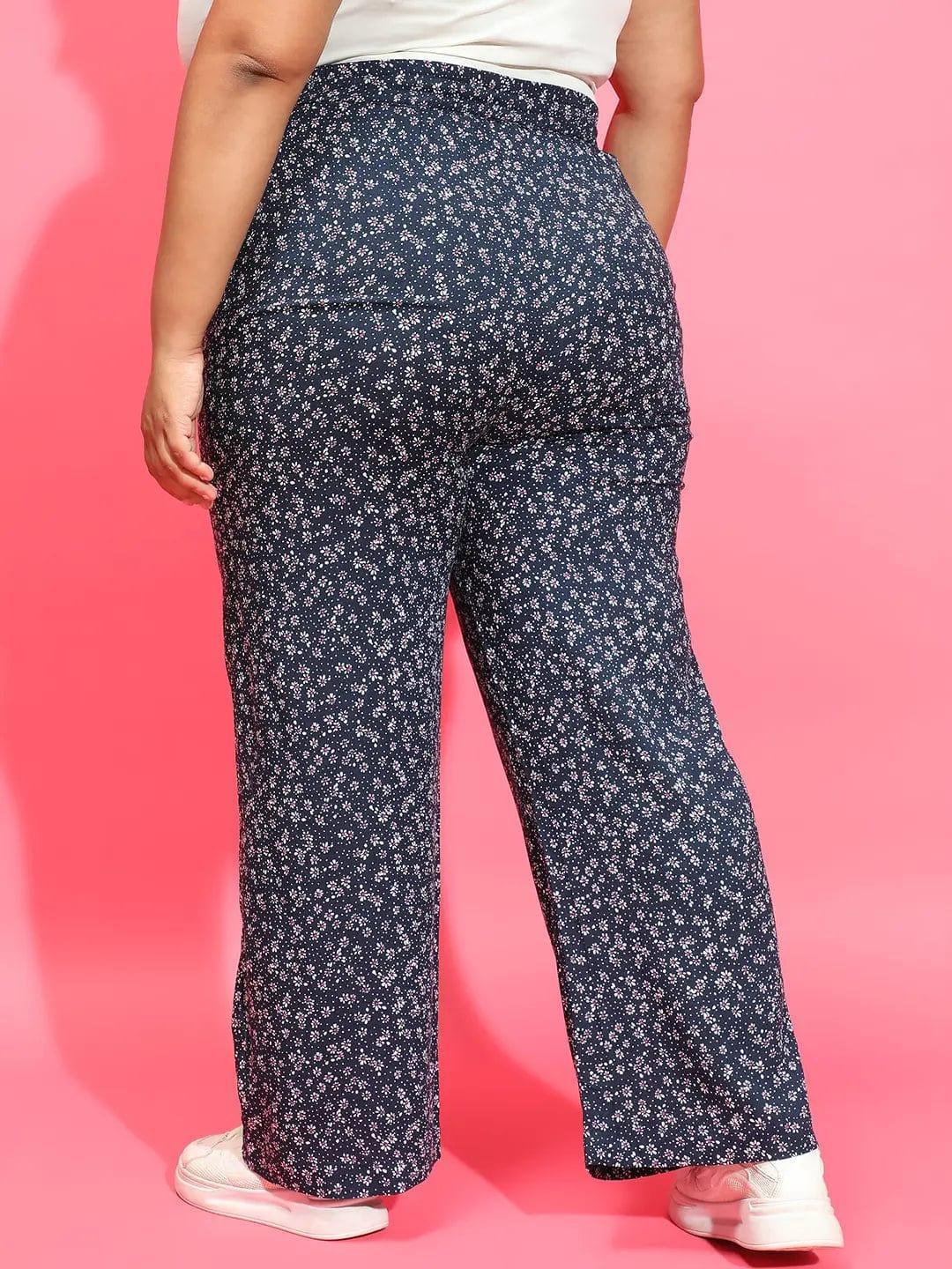 Navy Blue Floral Print Elasticated Waist Plus Size Pant - oxolloxo