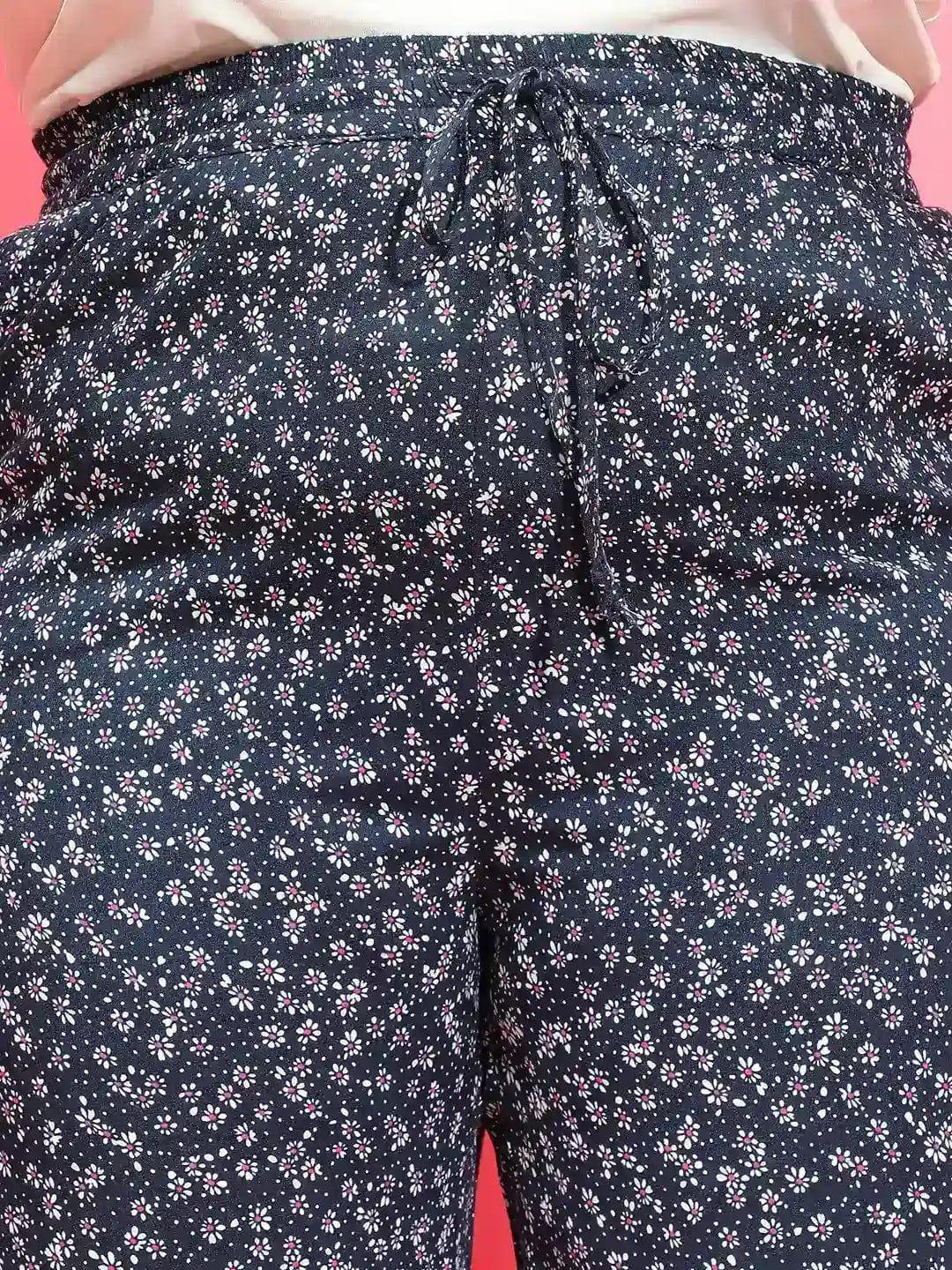 Navy Blue Floral Print Elasticated Waist Plus Size Pant - oxolloxo