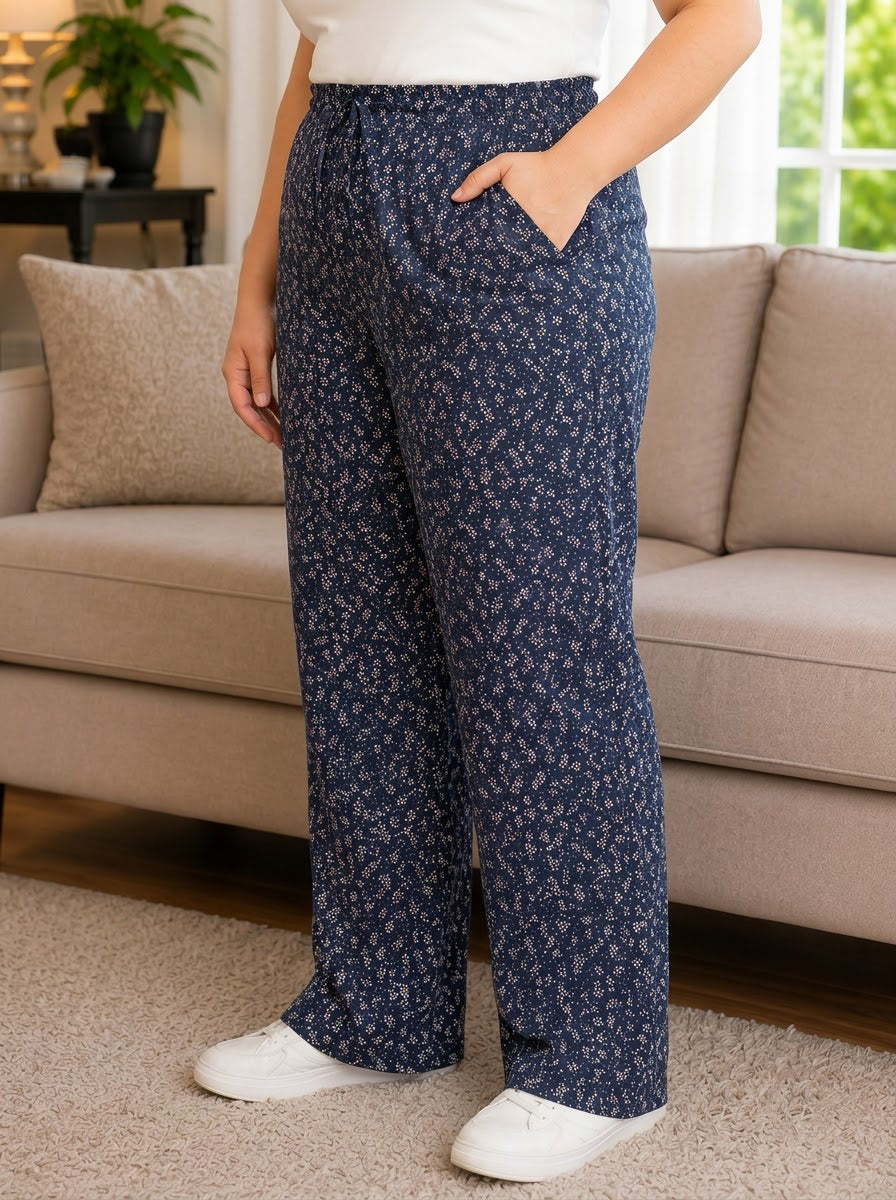 Plus Size Navy Blue Floral Print Pant