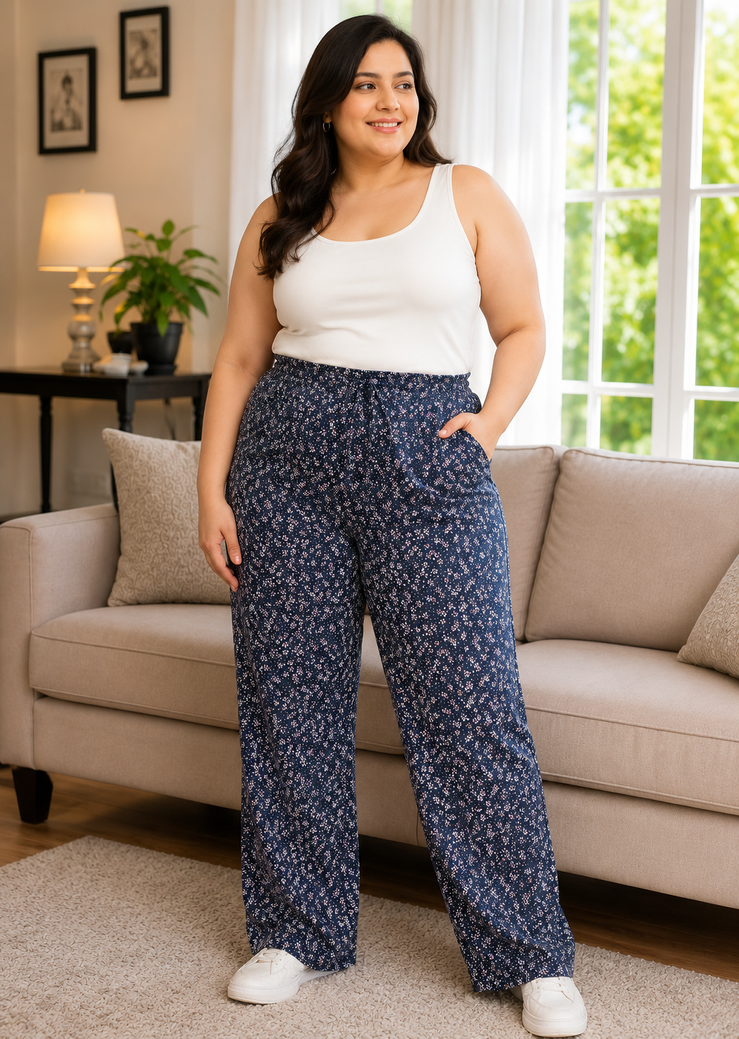 Plus Size Navy Blue Floral Print Pant