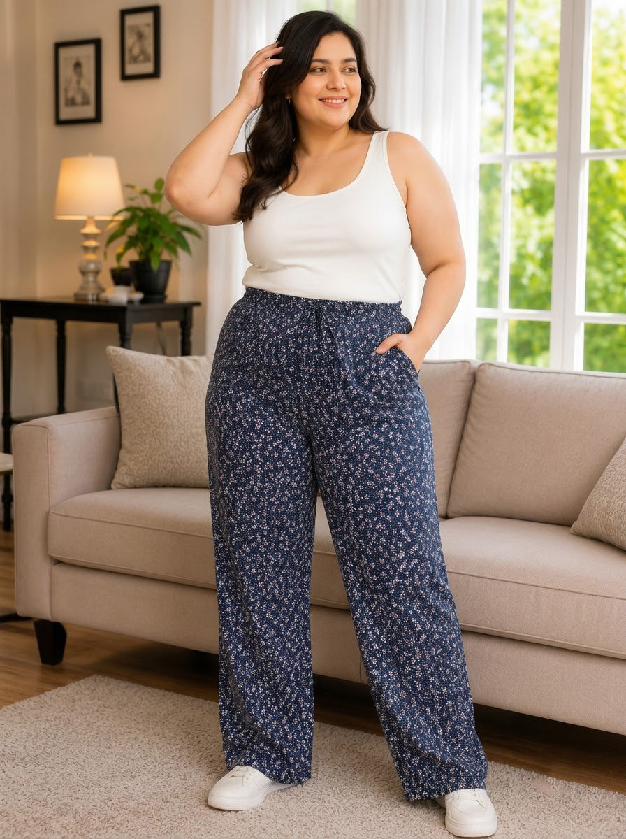 Plus Size Navy Blue Floral Print Pant