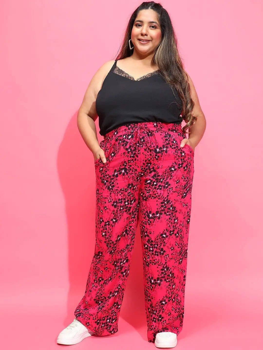 Power Pink Floral Print Tie-Knot Plus Size Pant - oxolloxo