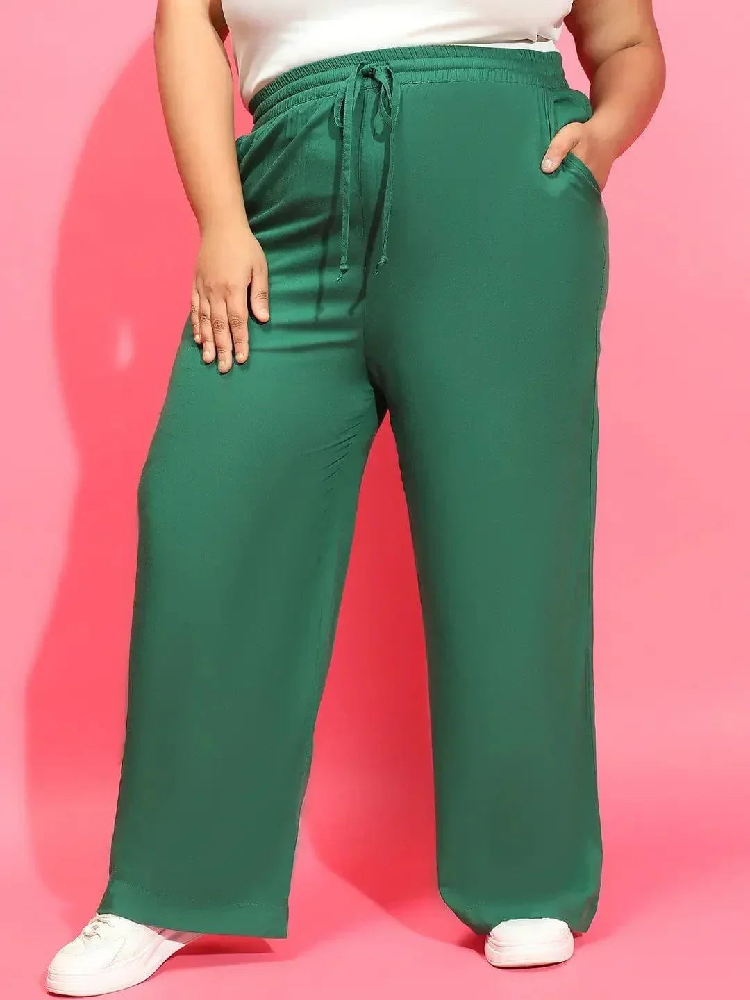 Aligned Green Tie-Knot Detail Elasticated Plus Size Pant - oxolloxo