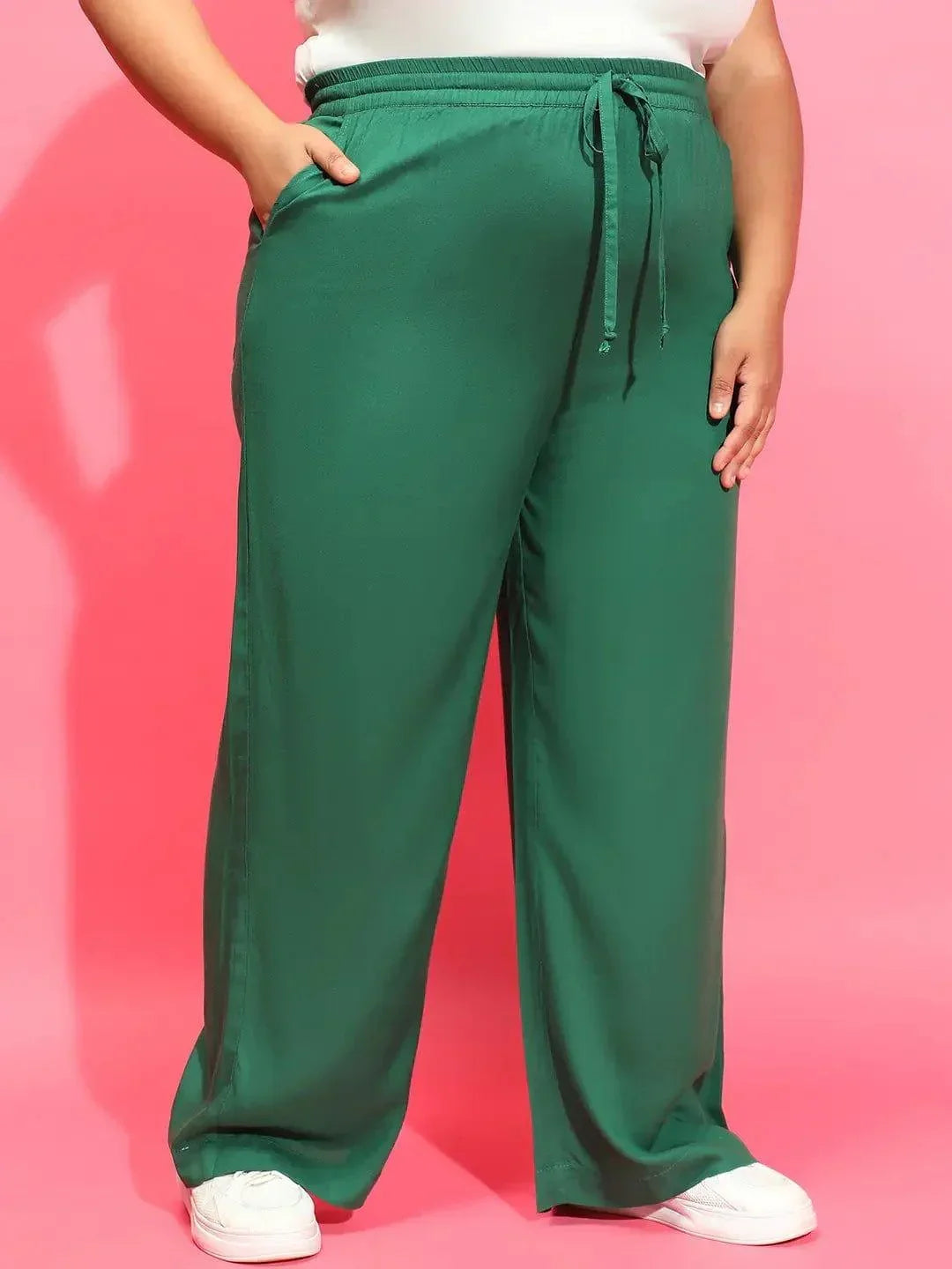Aligned Green Tie-Knot Detail Elasticated Plus Size Pant - oxolloxo