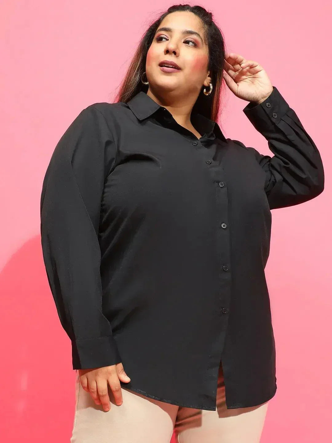 Mad Black Long Sleeve Collared Plus Size Women Cotton Shirt - oxolloxo