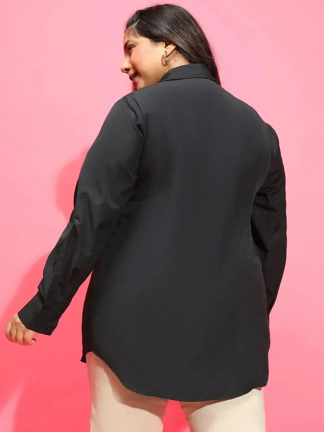 Mad Black Long Sleeve Collared Plus Size Women Cotton Shirt - oxolloxo