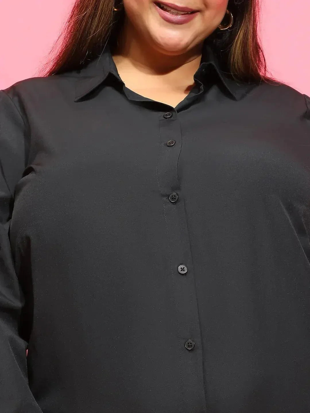 Mad Black Long Sleeve Collared Plus Size Women Cotton Shirt - oxolloxo
