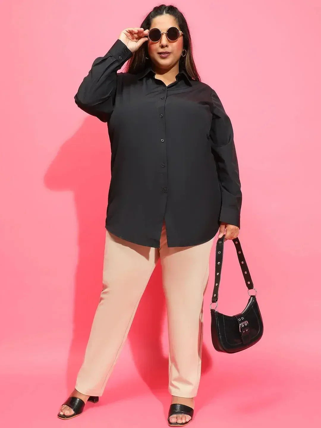 Mad Black Long Sleeve Collared Plus Size Women Cotton Shirt - oxolloxo
