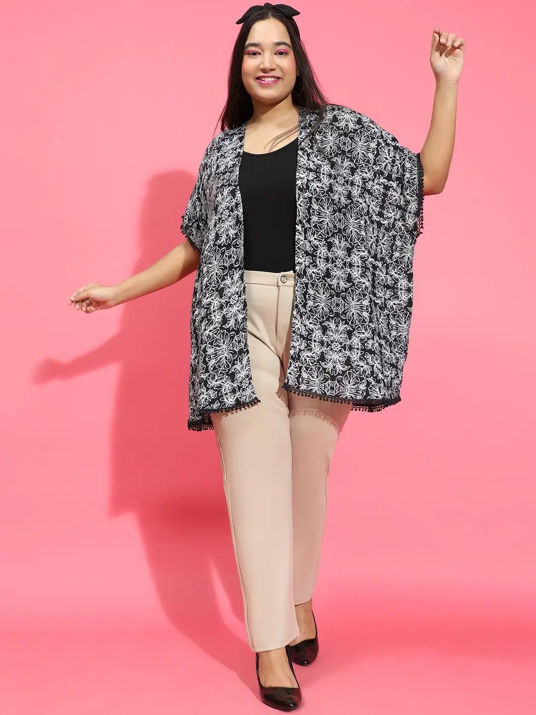 Quaint Black Lace Detailed Floral Print Plus Size Snaky Shrug - oxolloxo