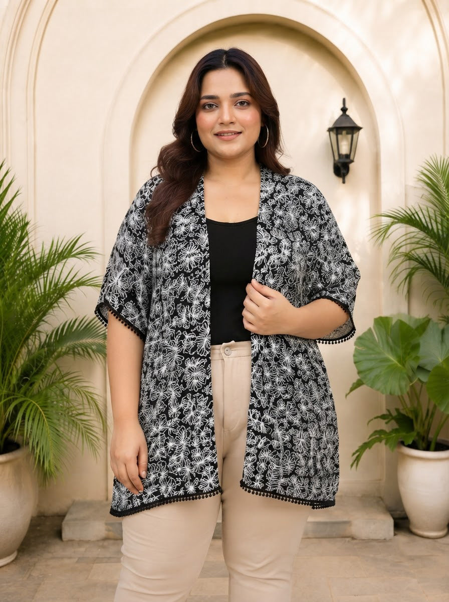 Plus Size Black Floral Print Viscose Shrug