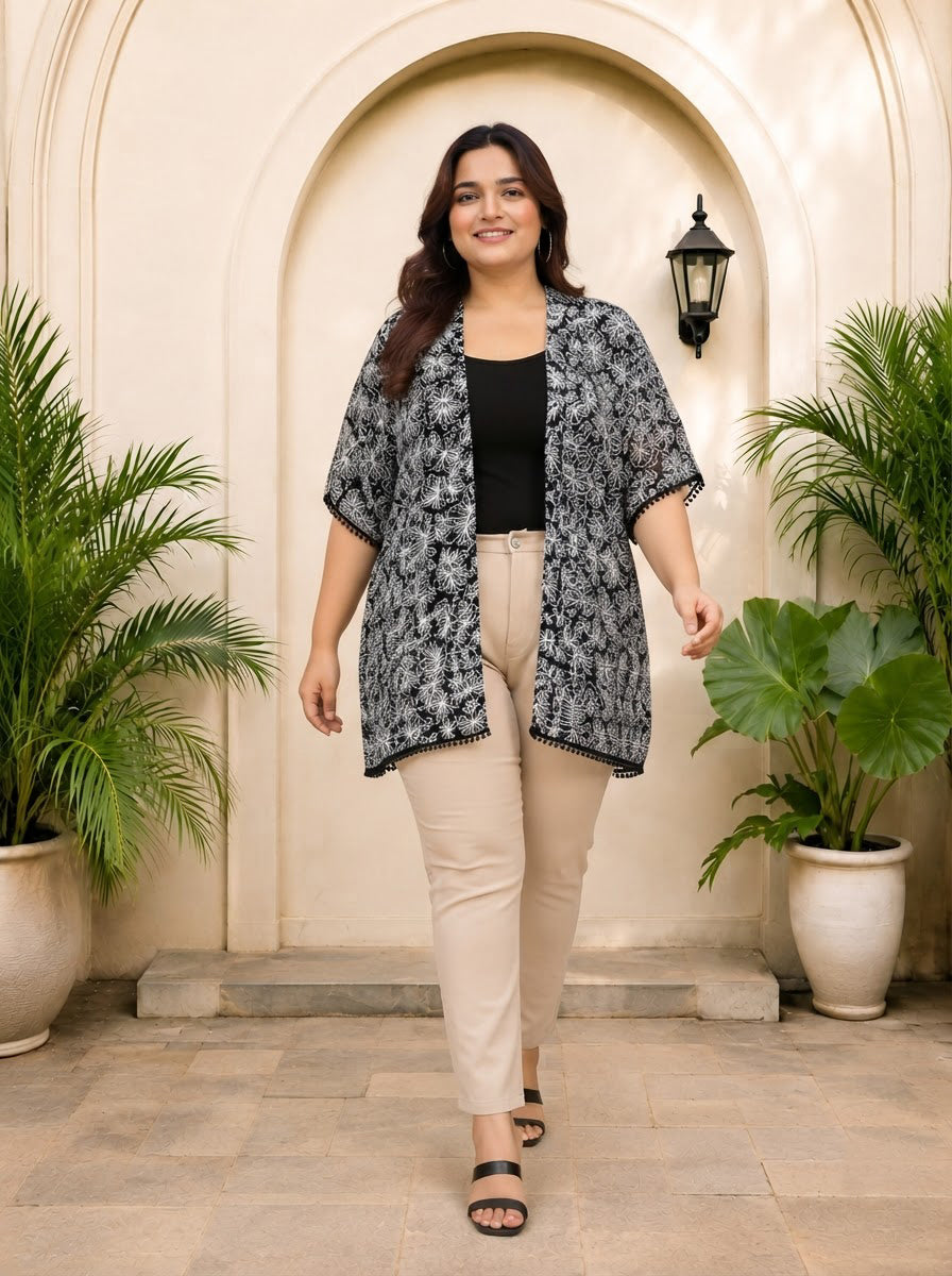Plus Size Black Floral Print Viscose Shrug