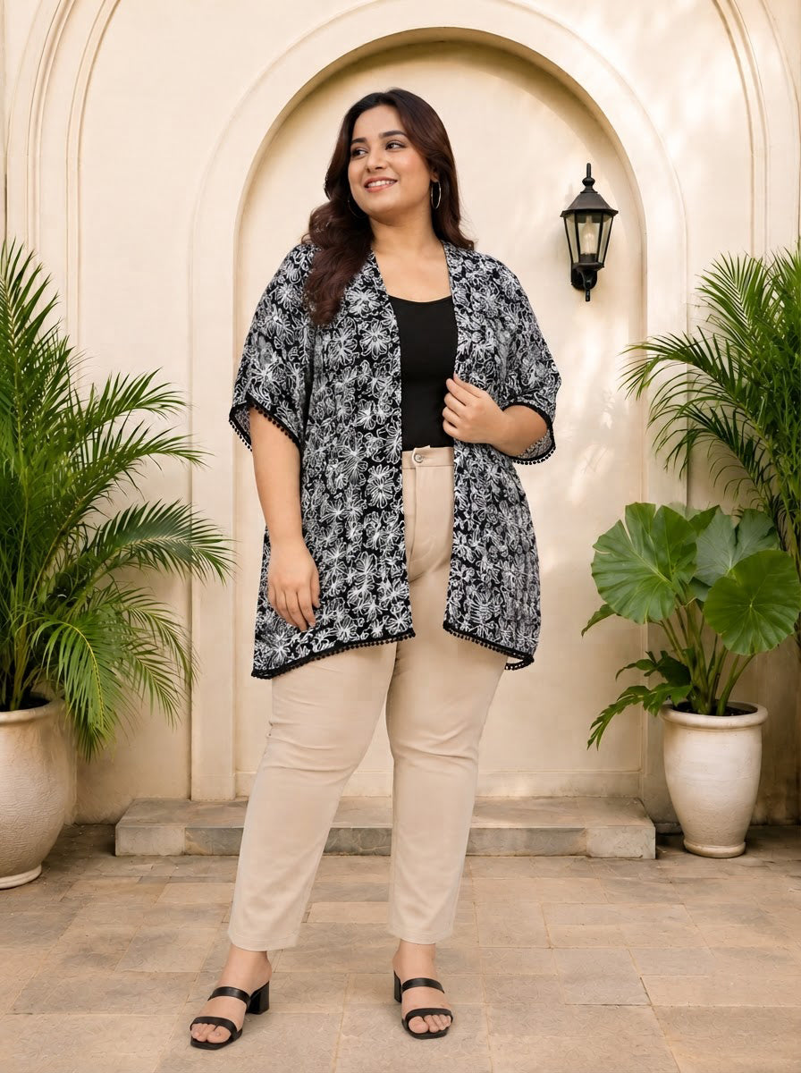 Plus Size Black Floral Print Viscose Shrug
