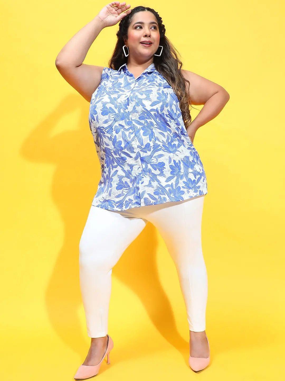 Crazy Blue Floral Print Button-Down Plus Size Shirt - oxolloxo