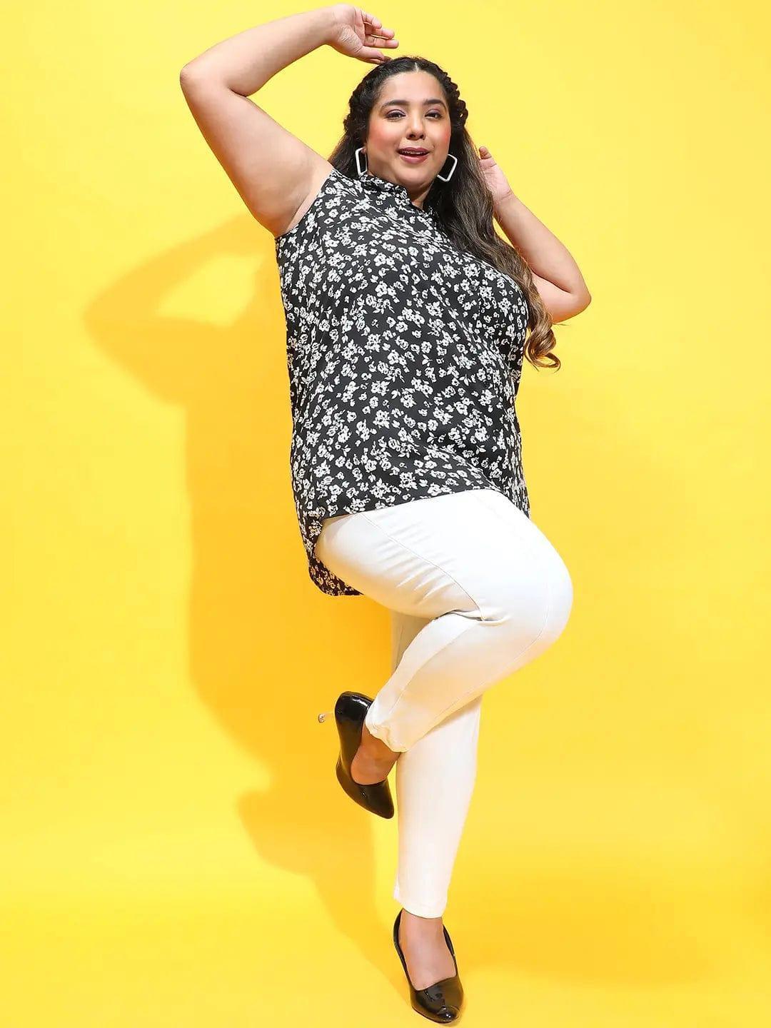 Unplugged Black Floral Print Button-Down Plus Size Shirt - oxolloxo