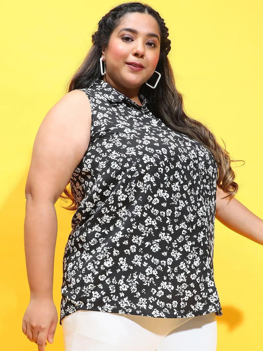 Unplugged Black Floral Print Button-Down Plus Size Shirt - oxolloxo