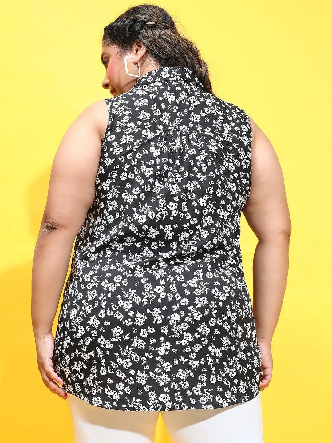 Unplugged Black Floral Print Button-Down Plus Size Shirt - oxolloxo