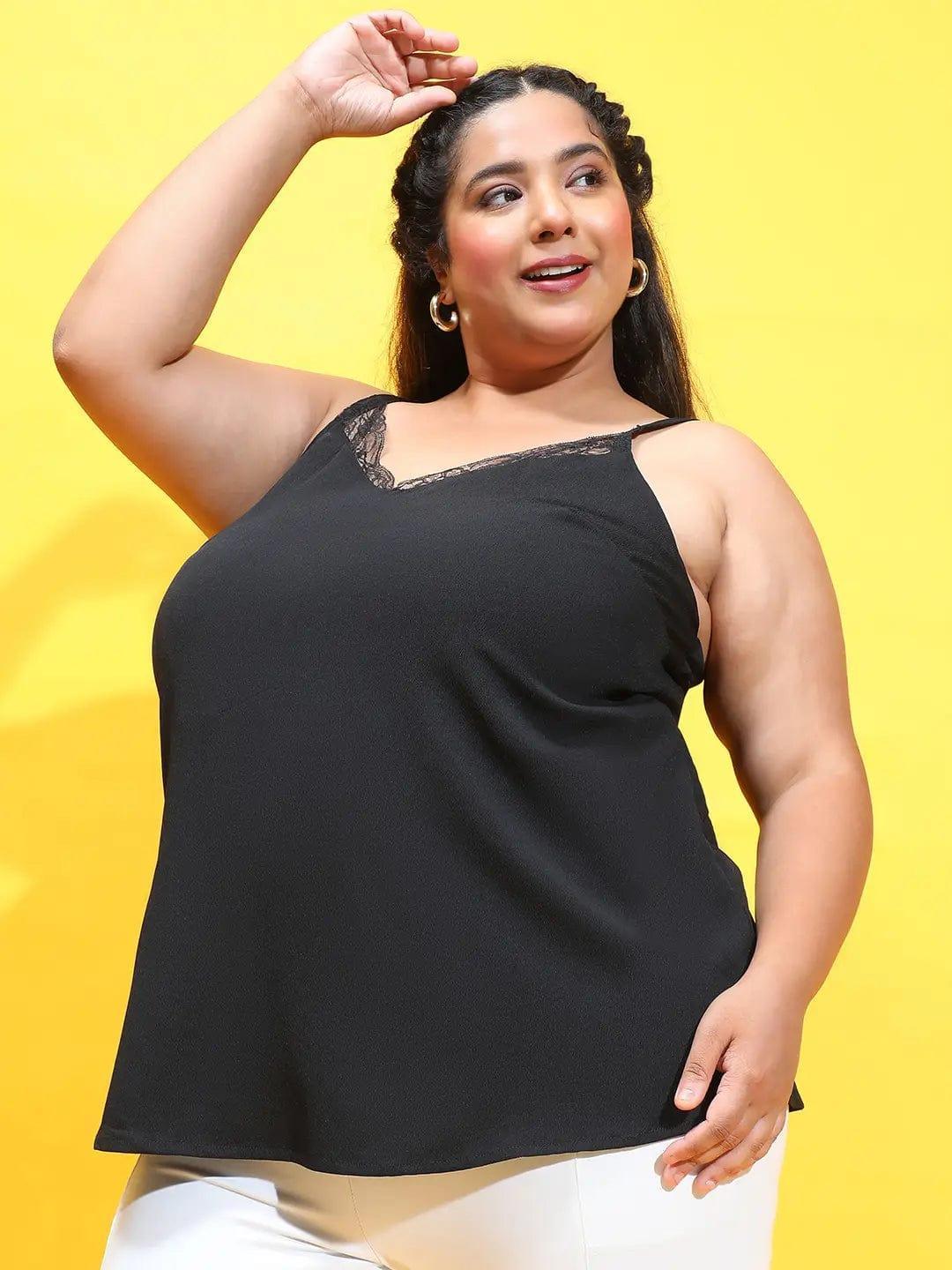 Maze Black Sleeveless Lace Detailed Plus Size Loopy Top - oxolloxo