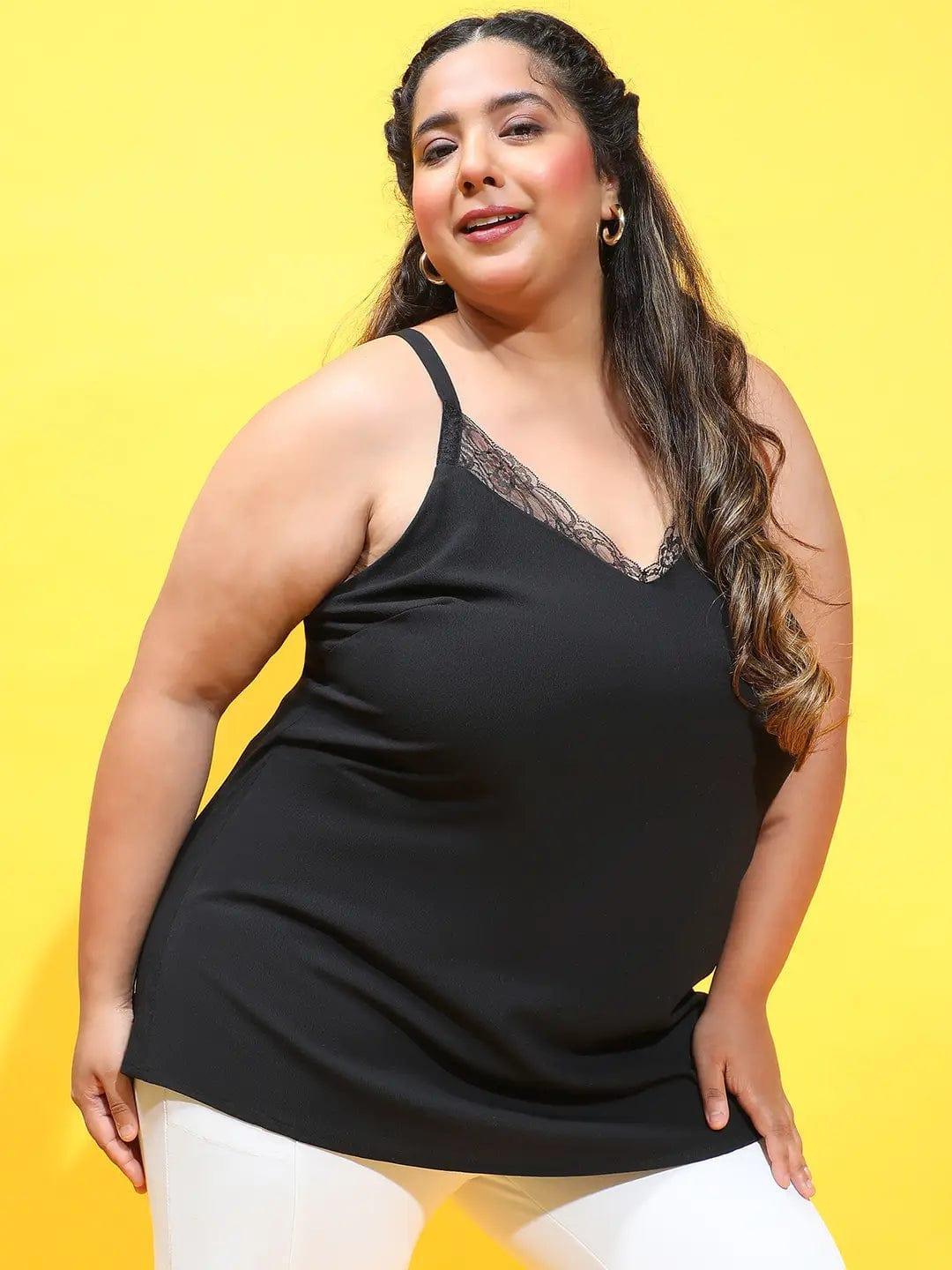 Maze Black Sleeveless Lace Detailed Plus Size Loopy Top - oxolloxo