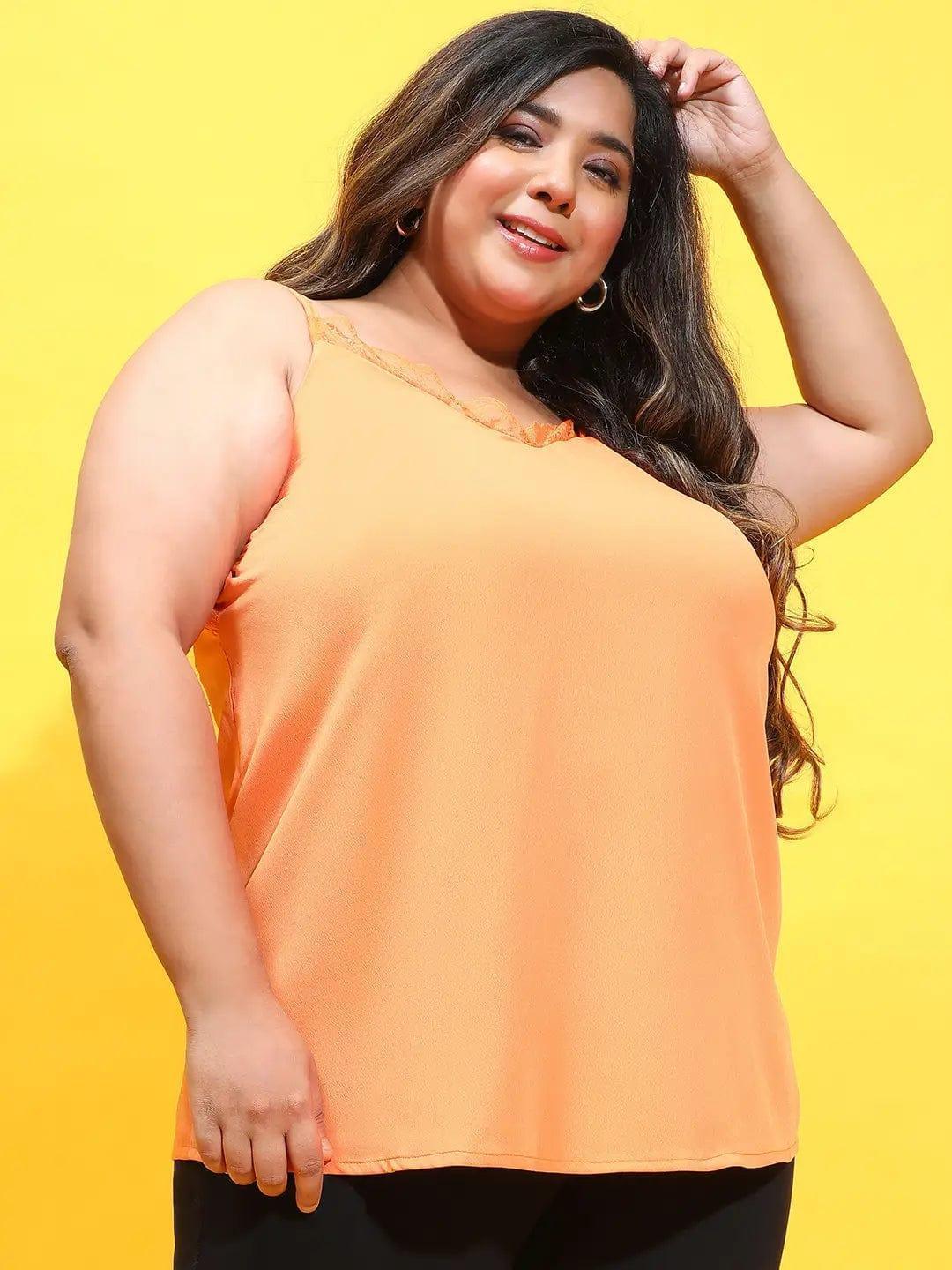 Nasty Orange Sleeveless Lace Detailed Plus Size Loopy Top - oxolloxo