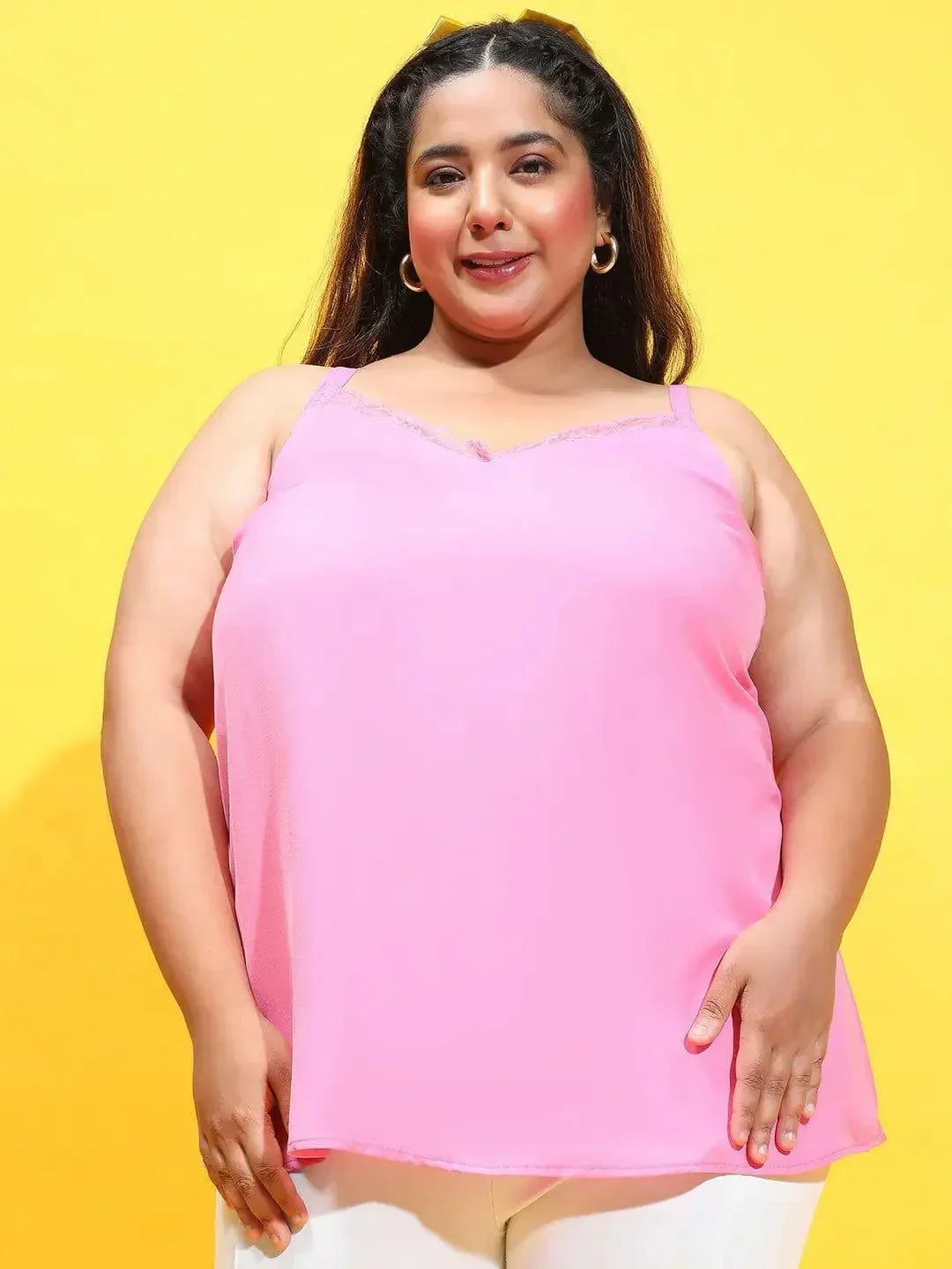 Pride Pink Sleeveless Lace Detailed Plus Size Loopy Top - oxolloxo