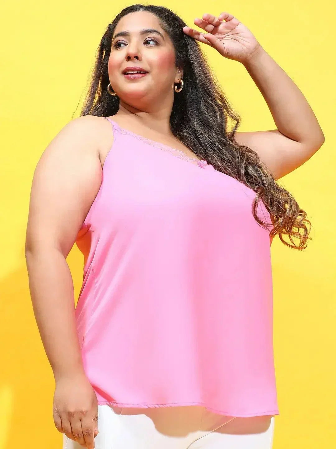 Pride Pink Sleeveless Lace Detailed Plus Size Loopy Top - oxolloxo