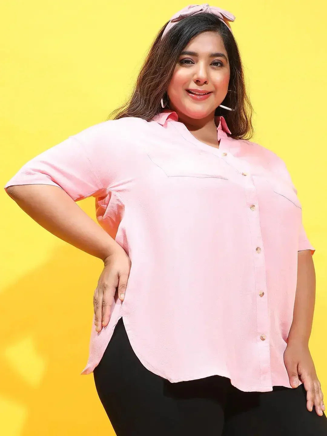 Buzzy Pink Collared Button-Down Plus Size Shirt - oxolloxo