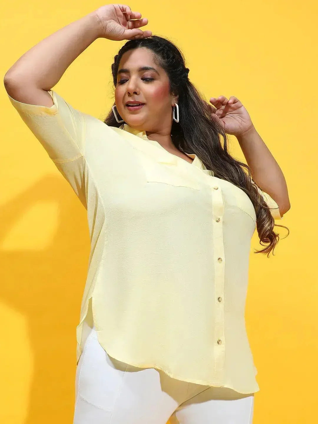 Melted Yellow Collared Button-Down Plus Size Shirt - oxolloxo