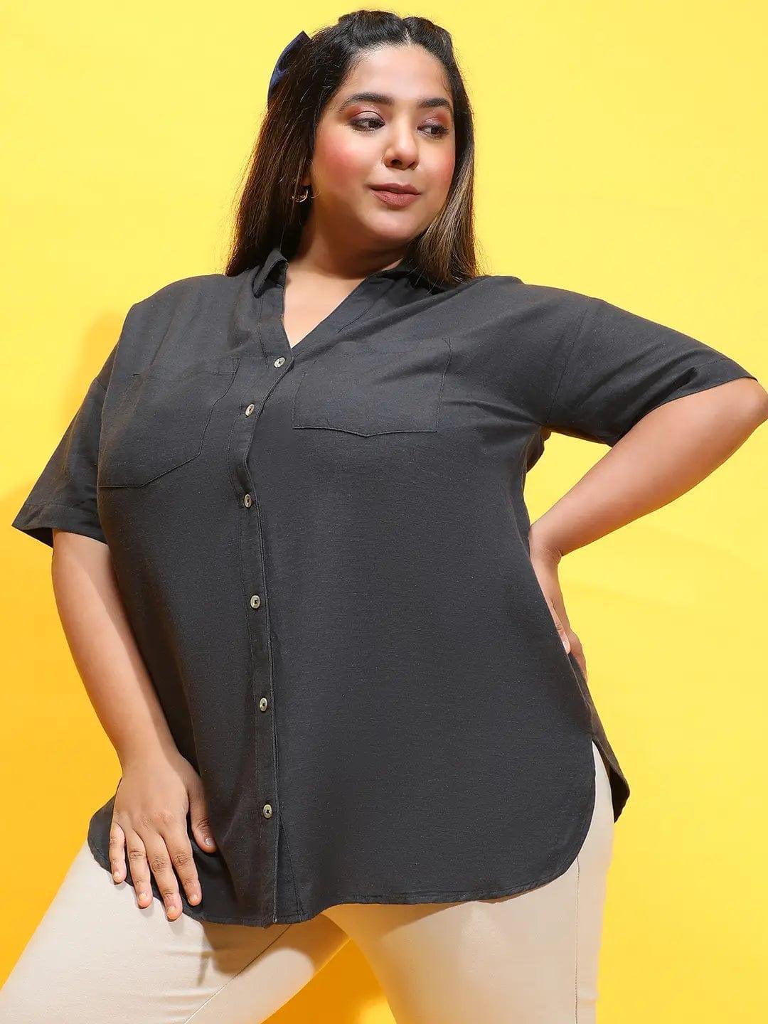 Furo Black Collared Button-Down Plus Size Shirt - oxolloxo