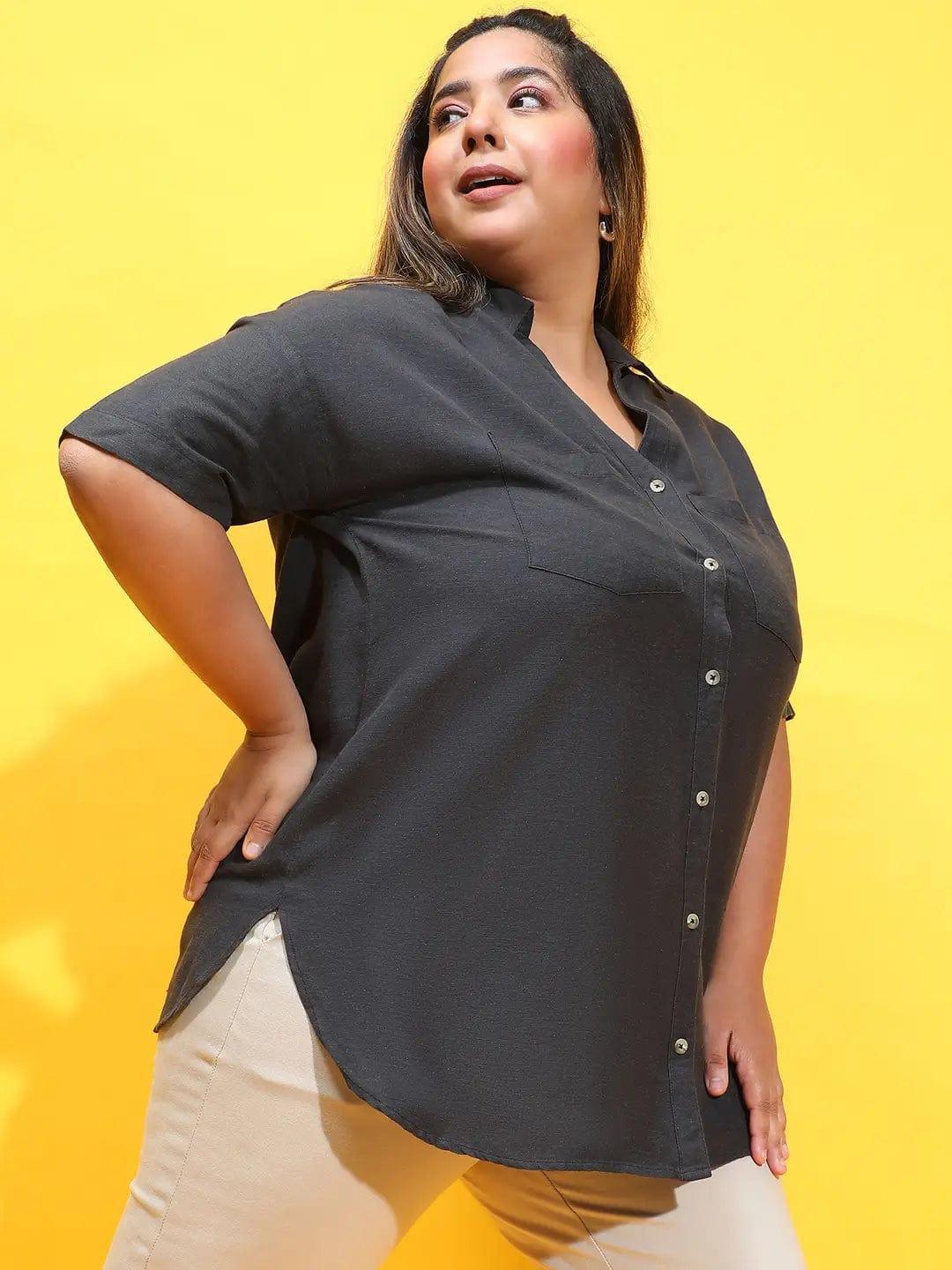 Furo Black Collared Button-Down Plus Size Shirt - oxolloxo