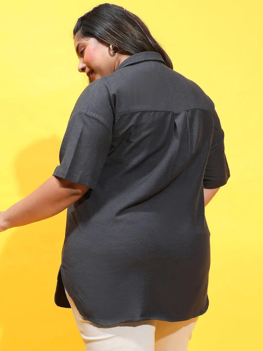 Furo Black Collared Button-Down Plus Size Shirt - oxolloxo