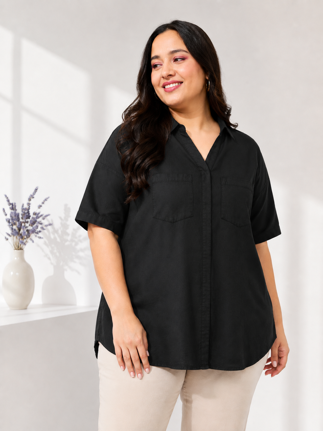 Plus Size Black Cotton Shirt