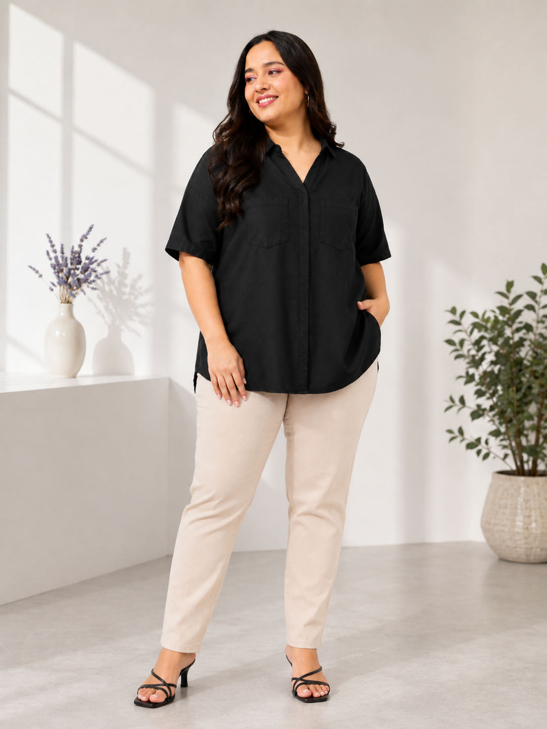 Plus Size Black Cotton Shirt