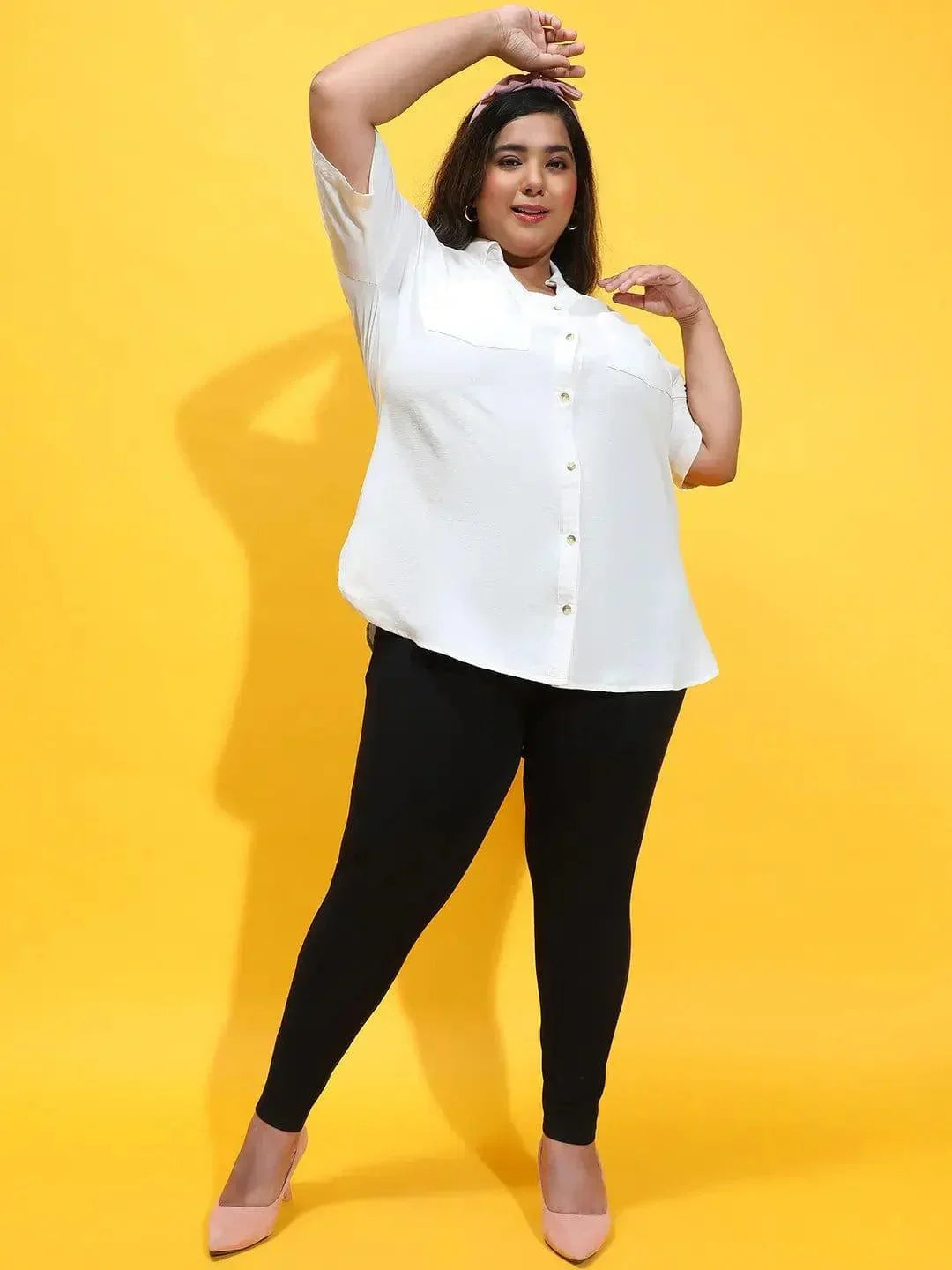 Expressive White Collared Button-Down Plus Size Shirt - oxolloxo