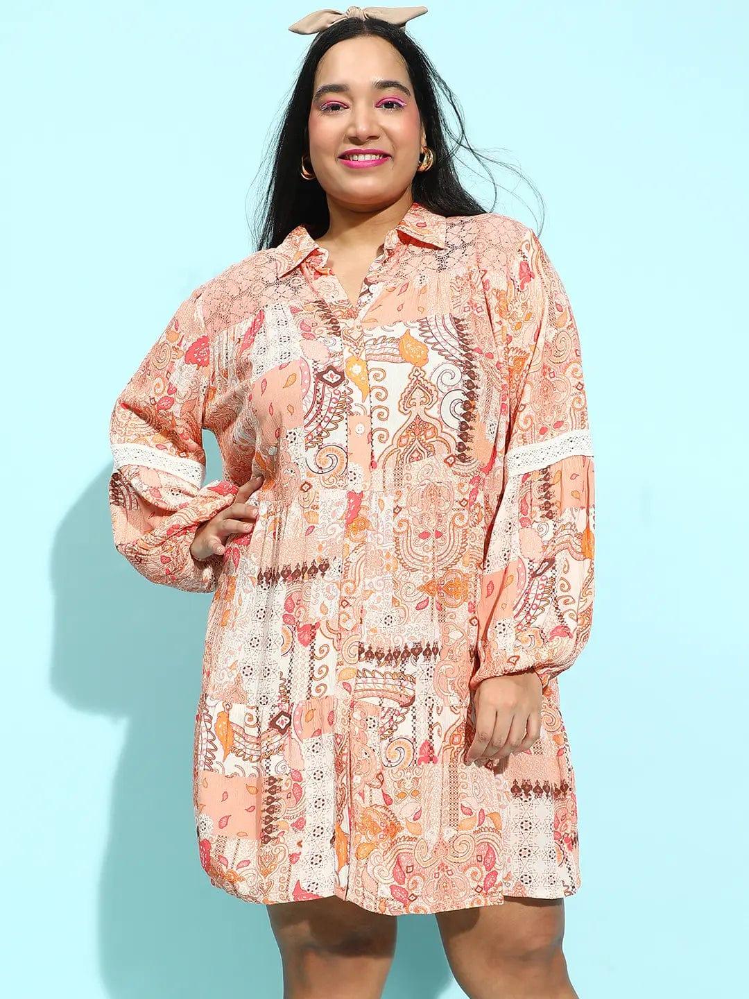 Plus size multicolour floral print shirt dress with lace detail
