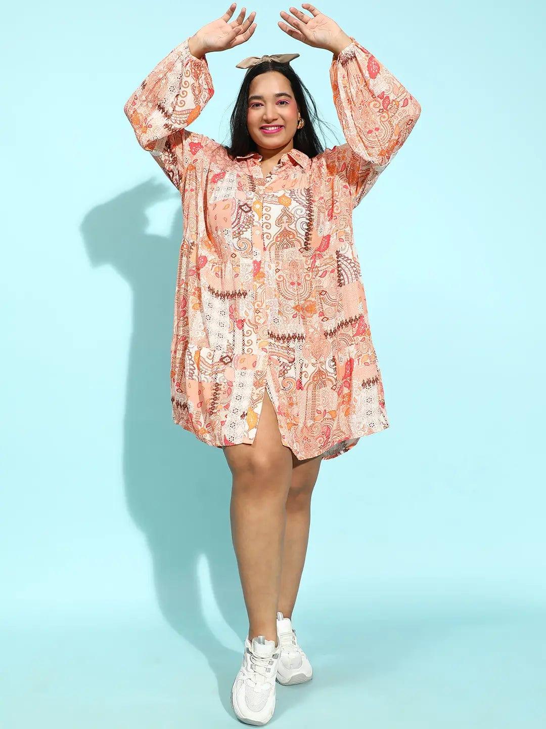 Plus size multicolour floral print shirt dress with lace detail, photo 2