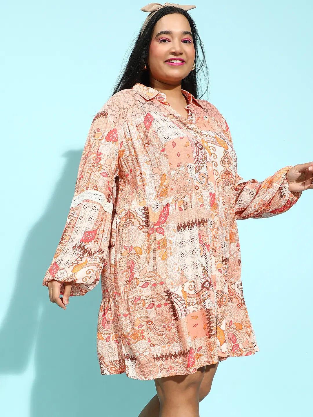 Plus size multicolour floral print shirt dress with lace detail, photo 4