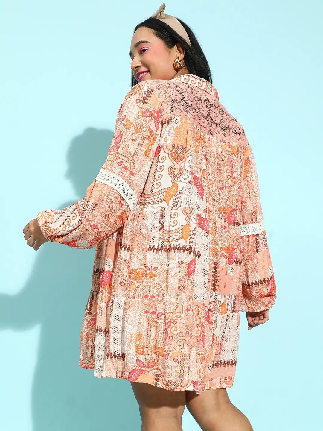 Plus size multicolour floral print shirt dress with lace detail, photo 5