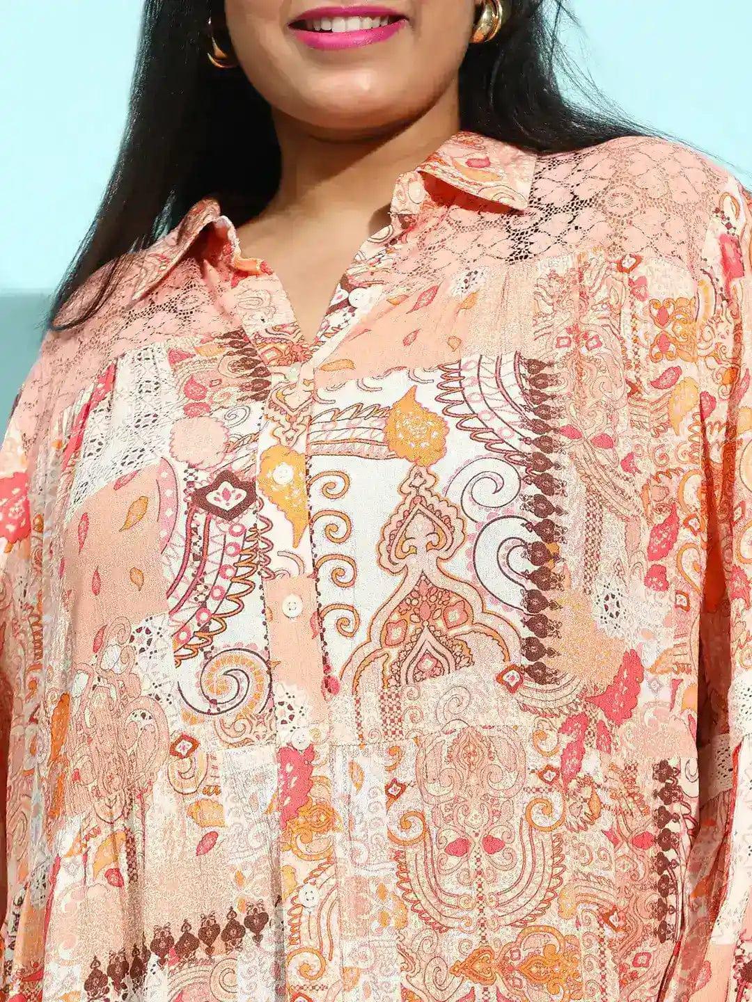 Plus size multicolour floral print shirt dress with lace detail, photo 6