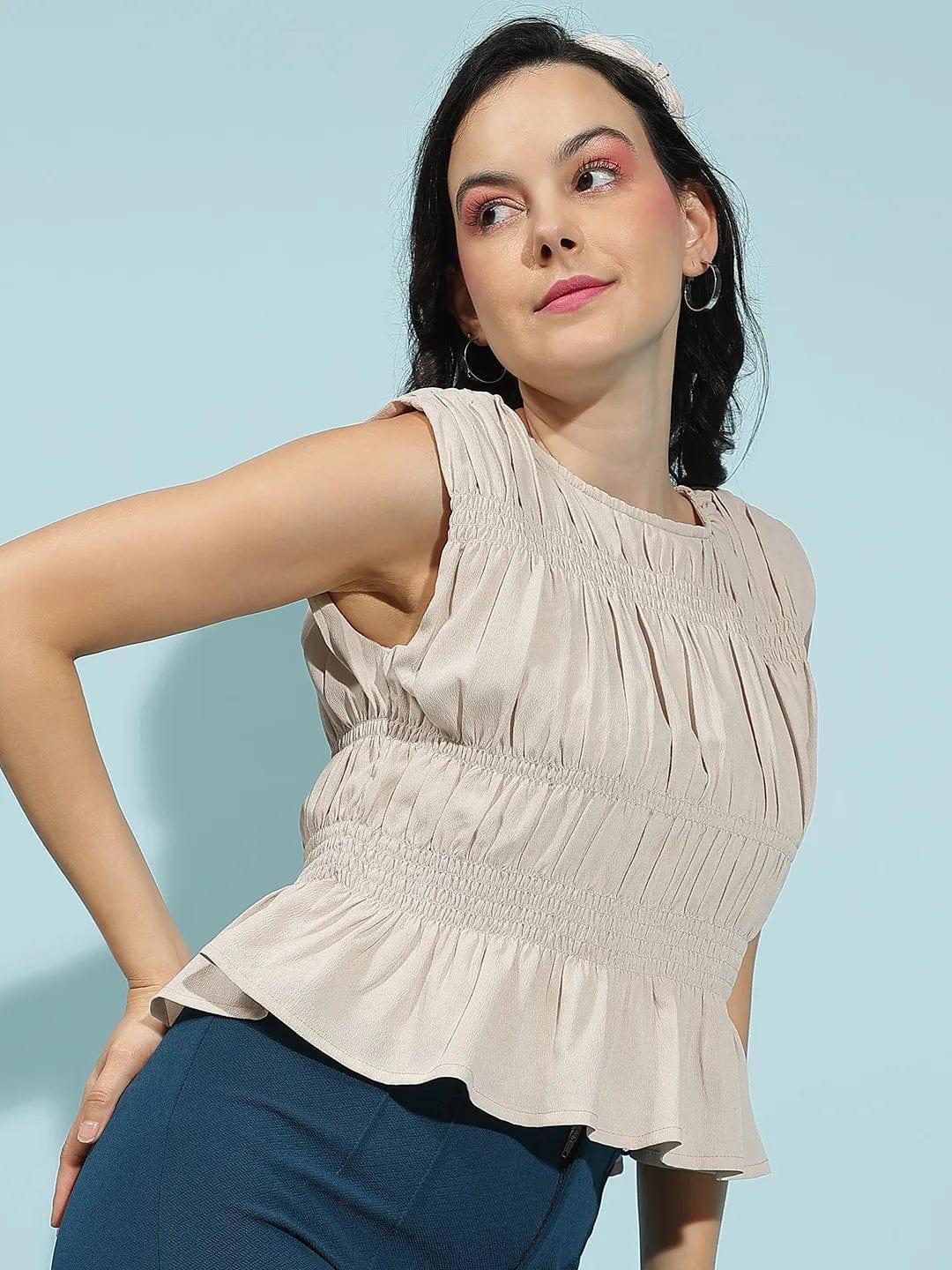 Whizle Beige Gather Pleated Sleeveless Women Cotton Top - oxolloxo